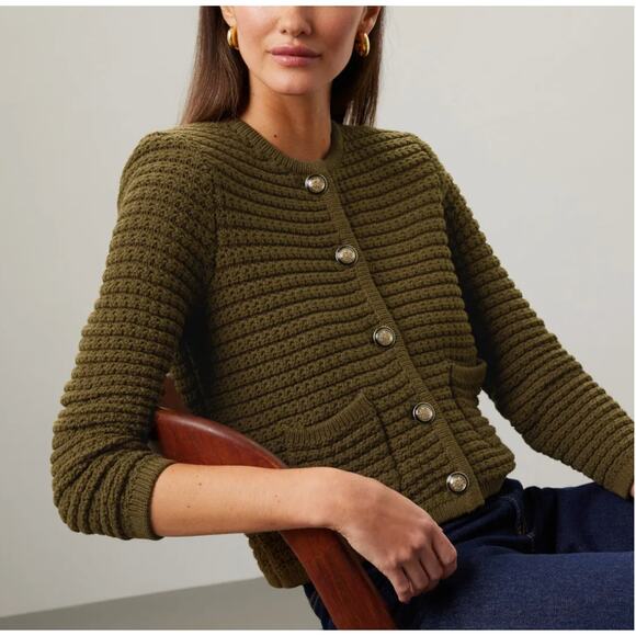 BA&SH Olive Green Cardigan Sweater LARGE Preppy Ladies Who Lunch Designer $380 - Picture 1 of 10